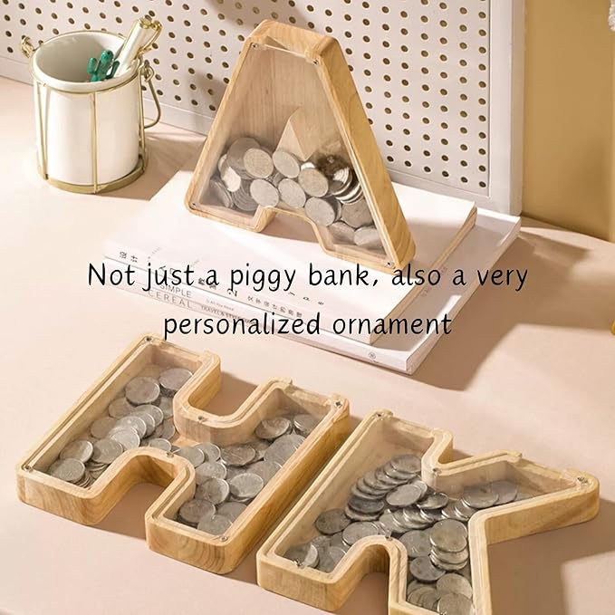 Wooden Alphabet Piggy Bank Clear Acrylic Panel Coin Savings Box Personalized Money Bank for Kids Boys Girls Adults, Birthday Home Décor(Z)