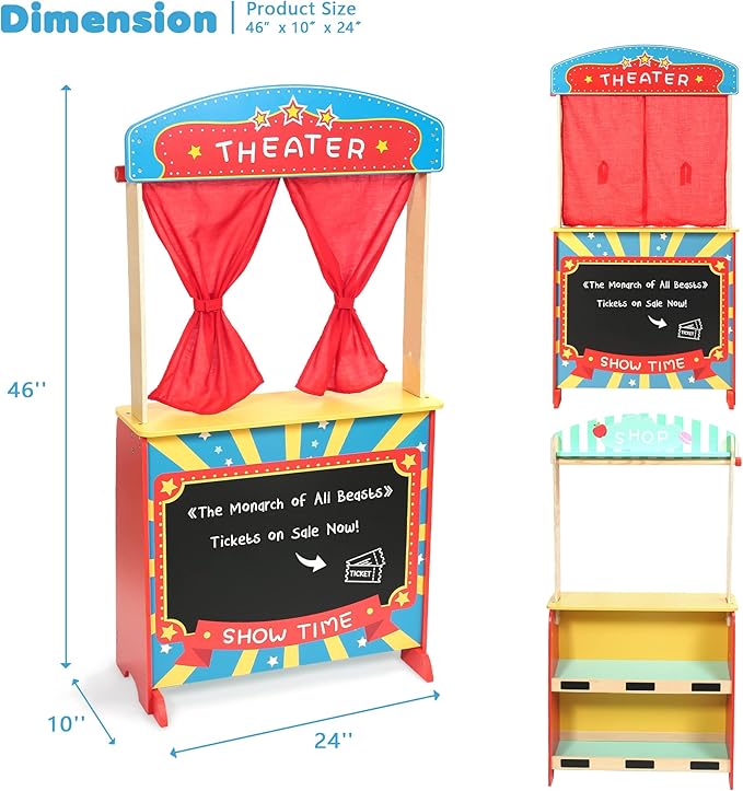 Wooden Puppet Theater Bonus 2 Hand Puppet, Double-Sided Lemonade Stand & Puppet Show Theater for Kids, Wood Deluxe Children Puppet Theatre Toy with Chalkboard