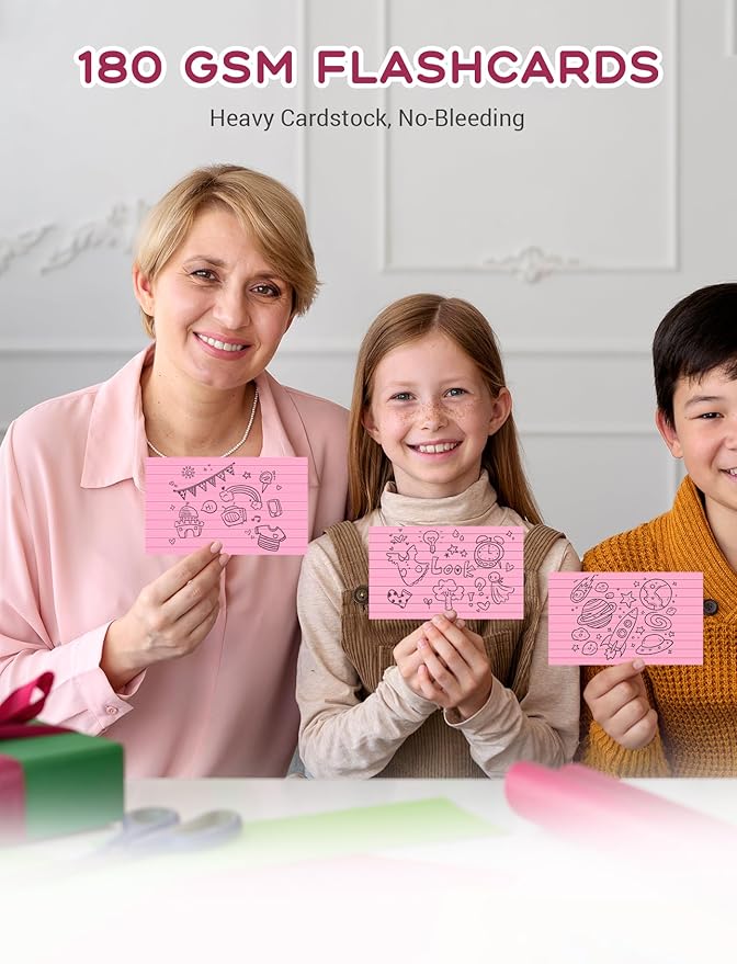 Pink Index Cards 3x5, 200 PCS 3x5 Index Cards Flashcards, Heavyweight Note Cards 3 by 5 Pink Flash Cards Single-Sided Study Card, Ruled 3 x 5 Index Card Ruled Notecard for School Office Home Studying