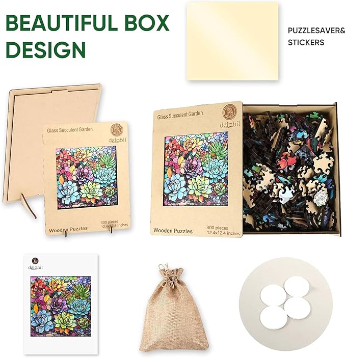 delobi Stained Glass Puzzle Succulent Wooden Puzzles for Adults 300 Pieces, Unique Liberty Challenging Jigsaw Puzzles Gift for Friends Family Game 12.4 x 12.4 Inch
