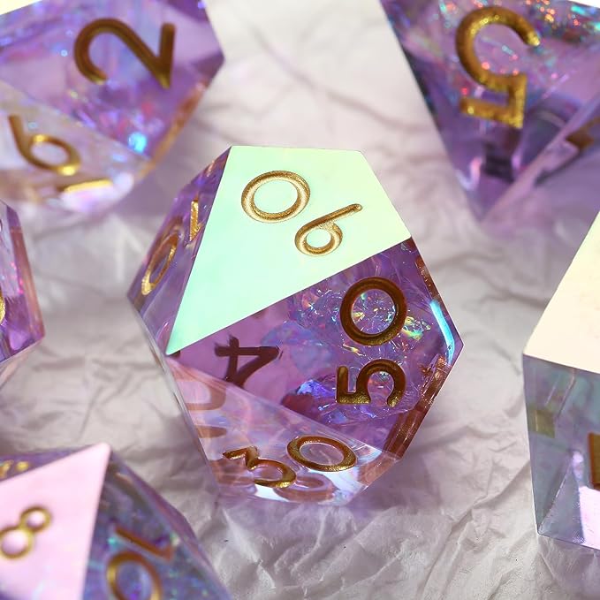 Iridescent Plating Lilac Sharp D&D Dice, DNDND Handmade DND Resin Sharp Edge D&D Die with Gift Case for Dungeons and Dragon Tabletop Games (Iridescent Plating Lilac)