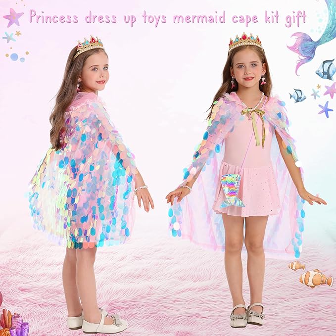 Princess Dress Up Cloak Princess Dress Up Clothes Mermaid Toys Rainbow Mermaid Princess Cloak Kit 9 Pcs Gift Set for Little Girls 3-8 Years Old, Great Gift Set for Birthday Christmas Halloween