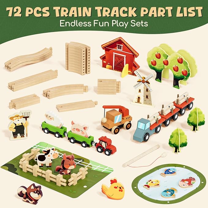 Lehoo Castle Wooden Train Set for Toddlers 2-4, Wooden Train Track, Farm Animals Toys for Ages 3-5, 3 Year Old Boy Gift, Toys for 4 Year Old Boys