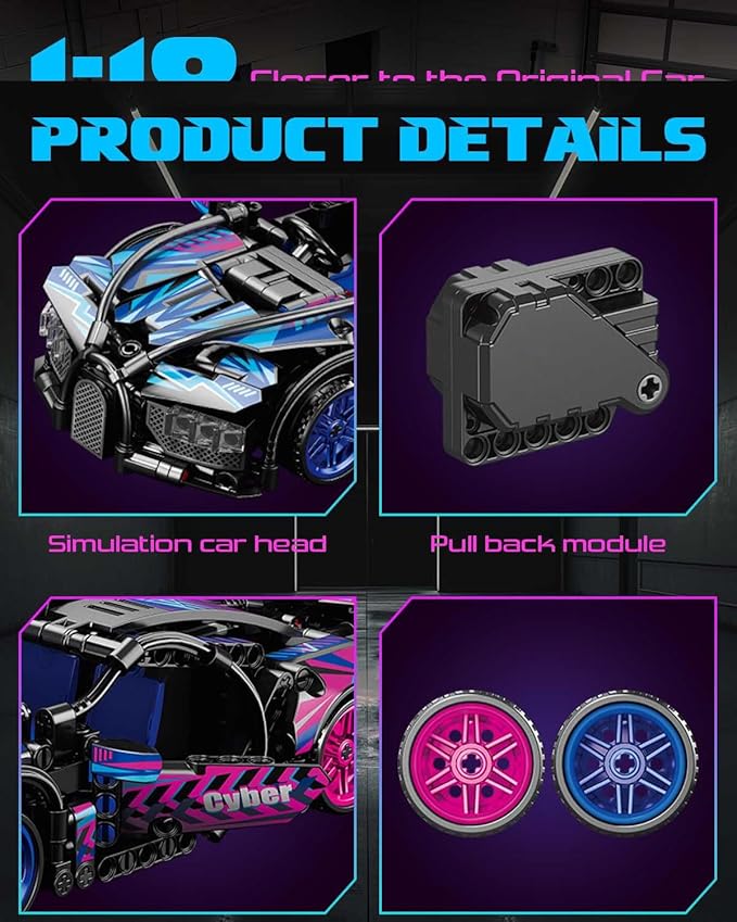 Sosuy Building-Block Race-Car Set, 1:18 Technical Model Kit 473 Pcs DIY Pull-Back Cyberpunk Toy for Boy Girl Kid Age 6+ Year, Birthday Gift for Teen Adult Display, Speed Super Sports Cars Bricks Icons