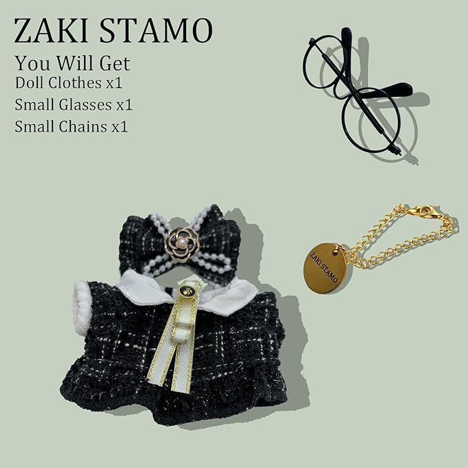 Clothes for Labubu,5 Sets Clothes Compatible with Labubu,Black Dress Outfit + Fake Glasses + Chain,Suitable for 17cm 14cm / 6.7in 5.5in Dolls Accessories