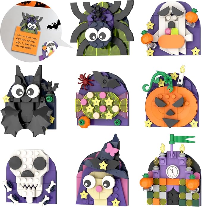 ZYLEGEN Halloween Fridge Magnets Ornaments Building Kit, Ghost, Candy, Bat, Castle, Pumpkin, Spider, Witch Decor Toys Gifts for Halloween Ages 6+ Boys Girls Adults Kids