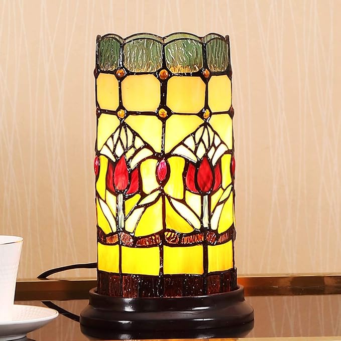 Bieye L10648 Tulip Flower Tiffany Style Stained Glass Mini Table Lamp Night Light with 5-inch Wide Lampshade for Bedside Bedroom Living Room Home Decoration, 10 inches Tall