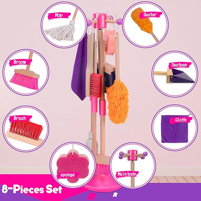 MASTERTOP Kids Cleaning Set 8 Piece, Detachable Toys for Toddlers, Broom Dustpan Mop Brush Duster Rag Sponge and Hanging Stand, Pretend Play Household Tools Gifts for Age 3-8