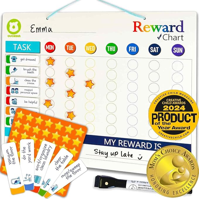 QUOKKA Magnetic Behavior Chore Chart for Kids at Home - Gift Reward Visual Schedule Chart - Dry and Erase Routine and Responsibility - Use 48 Magnets & 49 Stars - from Toddlers to Teens