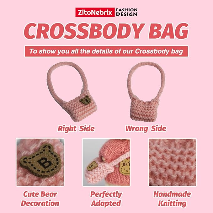 Cloth for 15cm ＆ 17cm Doll,5-Piece Handcrafted Crochet Clothes Outfit(NO Doll) - Light Pink Clothes + Light Pink Bear-Shaped Velvet hat + Glasses + Shoulder Bag + White Canvas Shoes