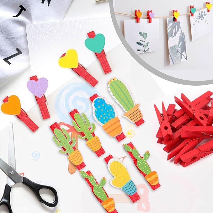 50PCS Colored Wooden Clothespins, 2.9inch Red Clothes Pins for Clip Pictures Photos Decorative, Small Colorful Wood Decoration Closepins Clips