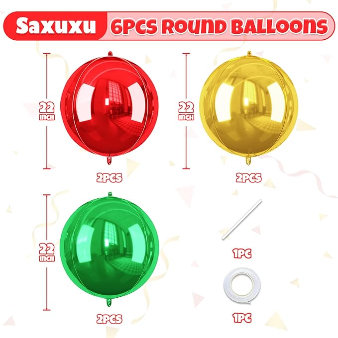 Christmas Foil Balloons Red Green Gold, 6 Pcs Red and Green Round Balloons, 22 Inch Big Round Foil Balloon for Christmas Party Decorations