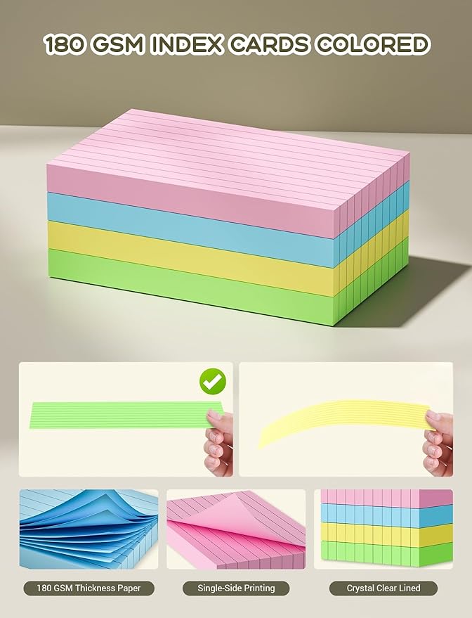 1200 Count Index Cards 3x5, Colored Index Cards, Note Cards 3x5 Flash Cards, 180GSM Heavy Notecards 3 x 5 Lined, 3 by 5 Pink Index Card Ruled Bulk Note Cards Flashcards for Studying Taking Notes