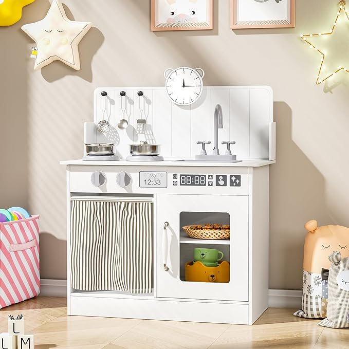 MAMIZO Kids Kitchen Playset with Ample Storage, Interactive Play Kitchen with Simulated Gas Cooker, Clicking Knobs, Sink, Faucet, 6 Pcs Cookware, Educational Clock for Toddlers (White)