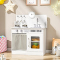MAMIZO Kids Kitchen Playset with Ample Storage, Interactive Play Kitchen with Simulated Gas Cooker, Clicking Knobs, Sink, Faucet, 6 Pcs Cookware, Educational Clock for Toddlers (White)