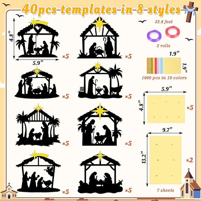 Renbuzhu 40PCS Christmas Crafts Bulk: Nativity Religious Paper Suncatchers DIY Kit for Winter Xmas Holiday Activities Decorations, Window Stained Glass Effect Art Ornaments
