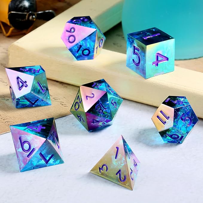 Iridescent Plating DND Dice, DNDND Handmade Resin Sharp Edge D&D Die with Gift Case for Dungeons and Dragon Tabletop Games (Iridescent Plating Green & Blue)