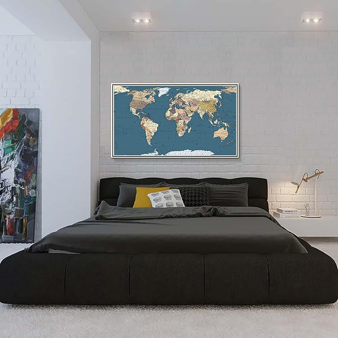 WELMECO Large Office Wall Decoration Detailed World Map Canvas Prints with Premium White frame Push Pins Travel Map of The World Picture Artwork for Modern Home Office Living Room Decor