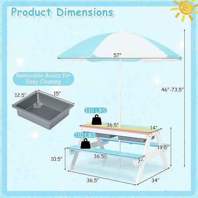 Costzon Kids Picnic Table with Sensory Bins, 4 in 1 Sand and Water Table with Height Adjustable Umbrella, Removable Tabletop for Outdoor Backyard Patio Play