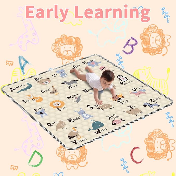 Baby Play Mat for Floor, 50x50 Playpen Mat, Soft Portable, Non-Slip Crawling Mat Machine Washable Foldable Playmate for Babies,Toddlers, Infants Indoor/Outdoor Use, Alphabet & Animal Design