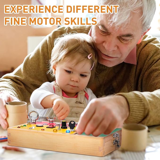 Tilhumt Busy Board with LED Light, 2-in-1 Montessori Screwdriver Board Set with 6 LED Light Switches, Toddler Montessori Switch Fidget Board with Lockable Toolbox, Travel Activity Toys for Outdoor