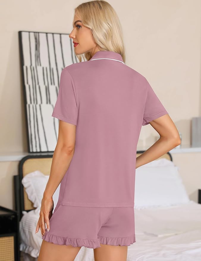 SWOMOG Womens Button Down Pajamas Set Short Sleeve Sleepwear Bride Soft Pj Lounge Sets XS-3XL