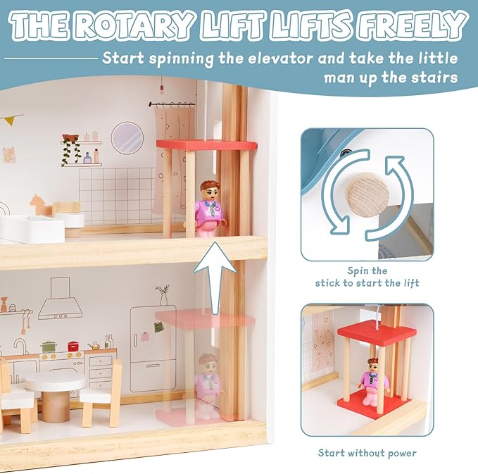 Wooden Dollhouse for Kids, Wood Doll Houses,Three-Story Dollhouse with Furniture & Accessories, DIY Pretend Play House with 3 Toy Figures, Gift for Toddlers & Young Girls Boys