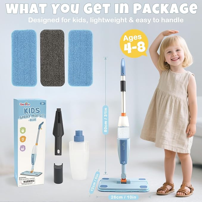 Dreamon Kids Spray Mop - Real Working Toddler Cleaning Set with Water Sprayer & 3 Washable Mop Pads & Scraper, Pretend Play Montessori Housekeeping Toys Gifts for Toddlers Kids Girls Boys(Blue)