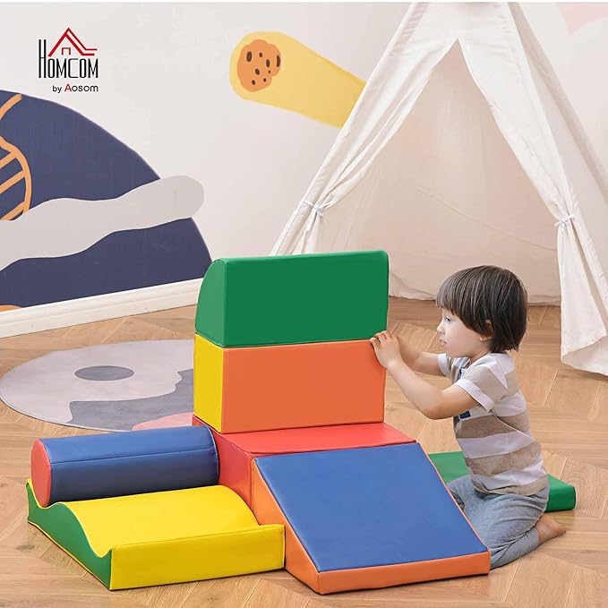 Soozier 7 Piece PU Leather Soft Play Climbing for Toddlers, Baby Colorful Soft Play Gym Toys Indoor, Modular Crawling & Climbing Play Set for 1-3 Years Multi-Color
