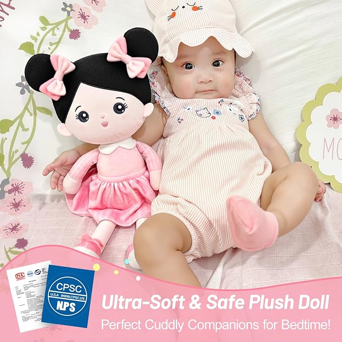 OUOZZZ 13" Soft Baby Doll Toys for 1 + Year Old Girl Gifts, Birthday Gifts for 1 Year Old Girl Christmas Plush Toys Gift for Toddler Kids Asian Black Hair