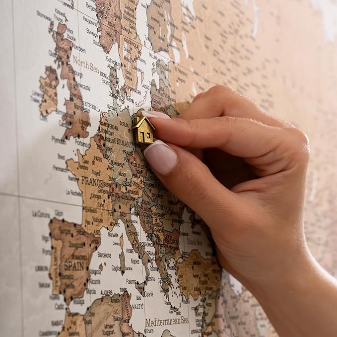 Canvas World Map with Cork Pin Board - English Lettering - Decorative Wall Decoration for All Rooms - Canvas Pictures with World Map Motif (90x60 cm, Pattern 16)