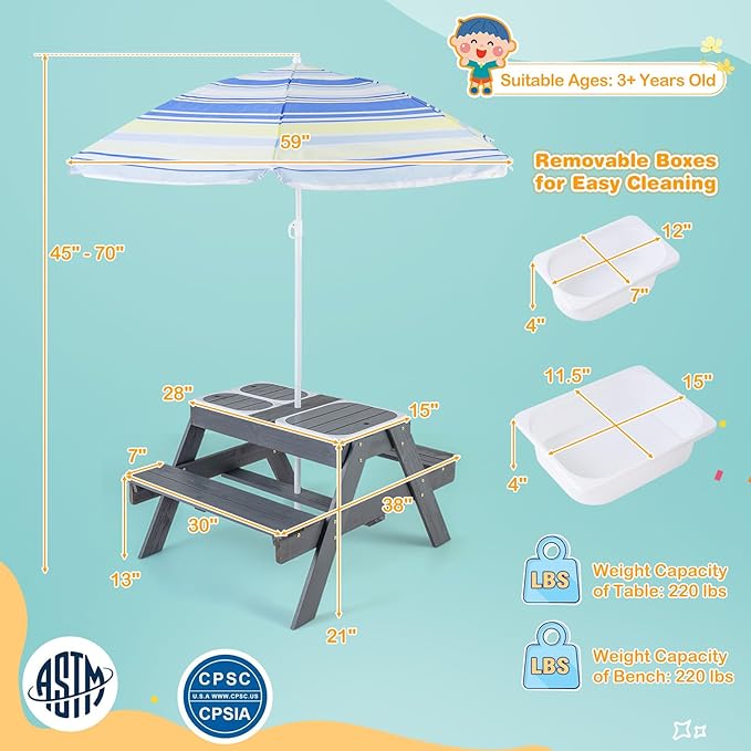 Costzon Kids Picnic Table with Sensory Bins, 4 in 1 Sand and Water Table with Height Adjustable Umbrella, Removable Tabletop, Wooden Kids Outdoor Table for Backyard Patio Play