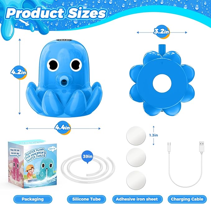 Water Table Pump Octopus, Cordless Rechargeable Pump for Water Tables with Magnetic Mounting, No Drill Installation, Durable Outdoor Water Play Accessories for Kids & Toddlers (Blue)
