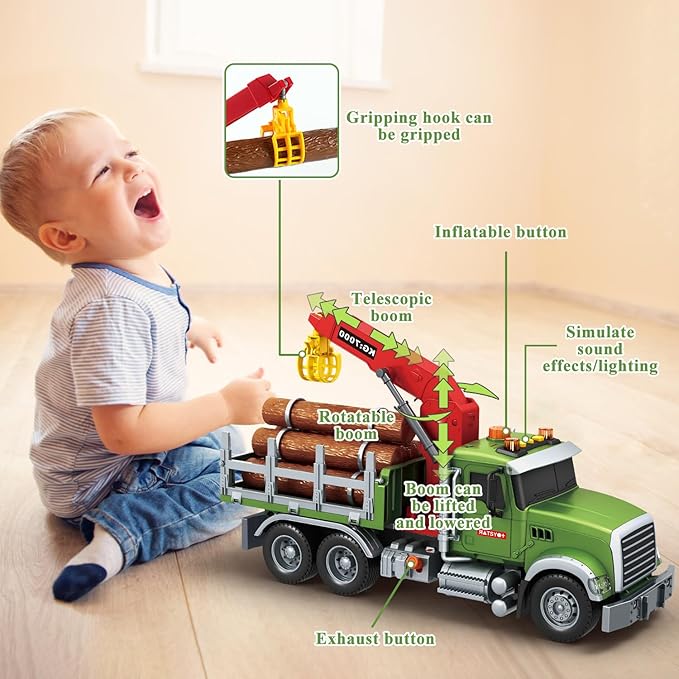 Mostop Logging Truck Kids Toy for 3 4 5 6 7 8 Year Old Boys, 15’’ Farm Logging Truck with Crane and 6 Trunks, Lights, Sounds, Friction Powered Timber Transport Log Tow Truck Toy Birthday Gift
