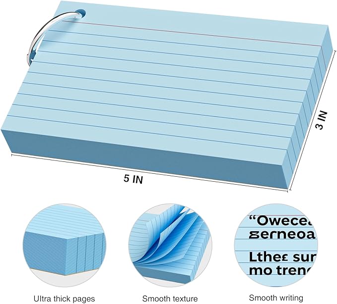 250 Count Blue Index Cards 3x5 Inch with Key Ring, Color Flash Index Card (50 Sheets Each), Durable & Portable Note Taking for Students, Teachers, Study Note Cards for Office Home School