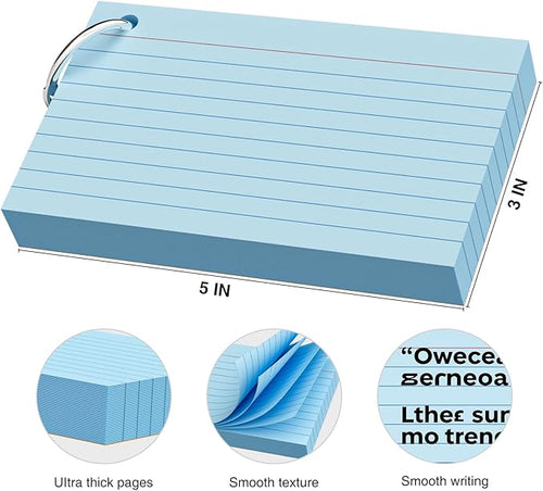 250 Count Blue Index Cards 3x5 Inch with Key Ring, Color Flash Index Card (50 Sheets Each), Durable & Portable Note Taking for Students, Teachers, Study Note Cards for Office Home School