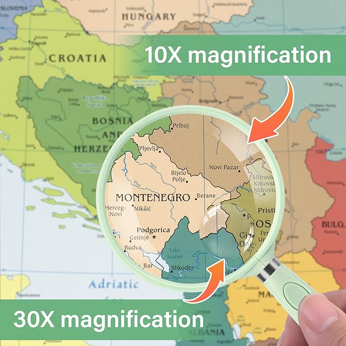 Feosky Handheld Reading Magnifier, 10X 30X Magnifier, 75mm Shatterproof Lens, Non-Slip Handle for Adults Close Work, Seniors Reading and Kids Nature Exploration, Hobby Observation (Green)