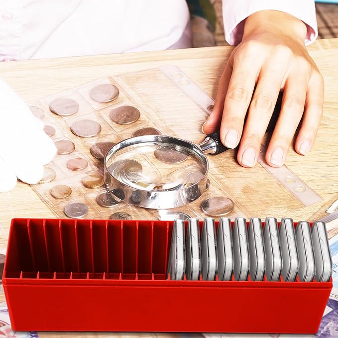 Wenqik 6 Pcs Plastic Coin Storage Box Case with 20 Slab Coin Holders - Collection Box for Collectors, Home, Office, Bank Supplies(Red)