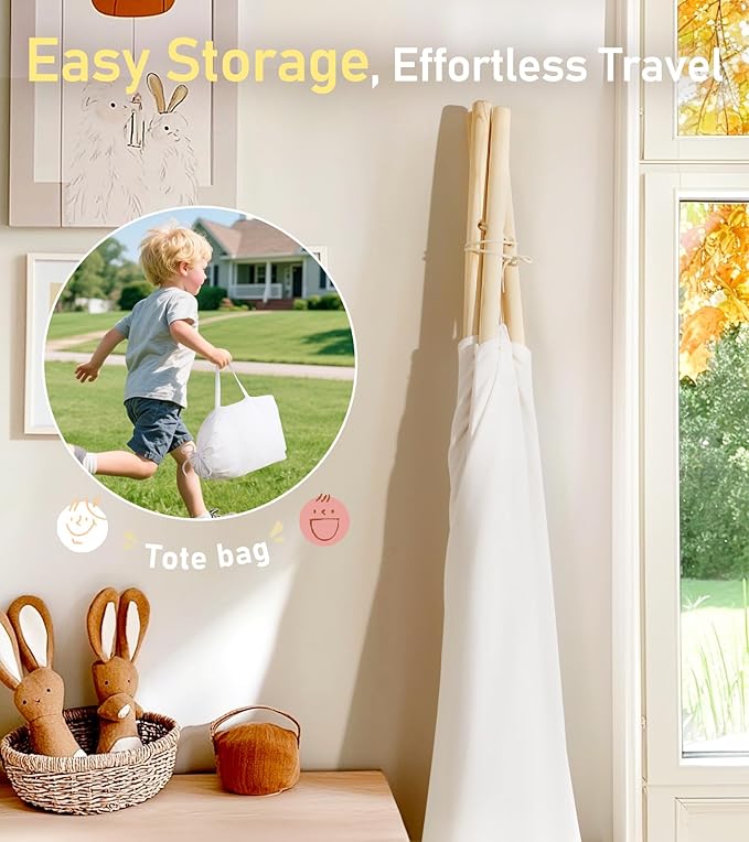 little dove Teepee Tent for Kids Foldable Teepee Play Tent with Carry Case, Banner, Fairy Lights, Olives Branches, Four Poles Style Raw White Color - New Version Tiny House
