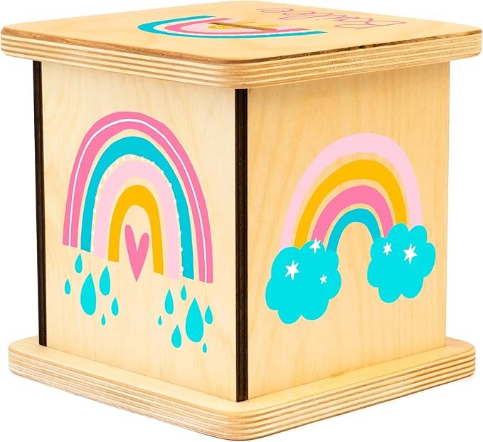 Wooden Piggy Bank for Kids and Adults, Personalized Gift Handmade in USA by BloomOwl, Custom Piggy Bank, Personalized Banks for Kids, Gifts for Baby Boys and Girls (Rainbow)