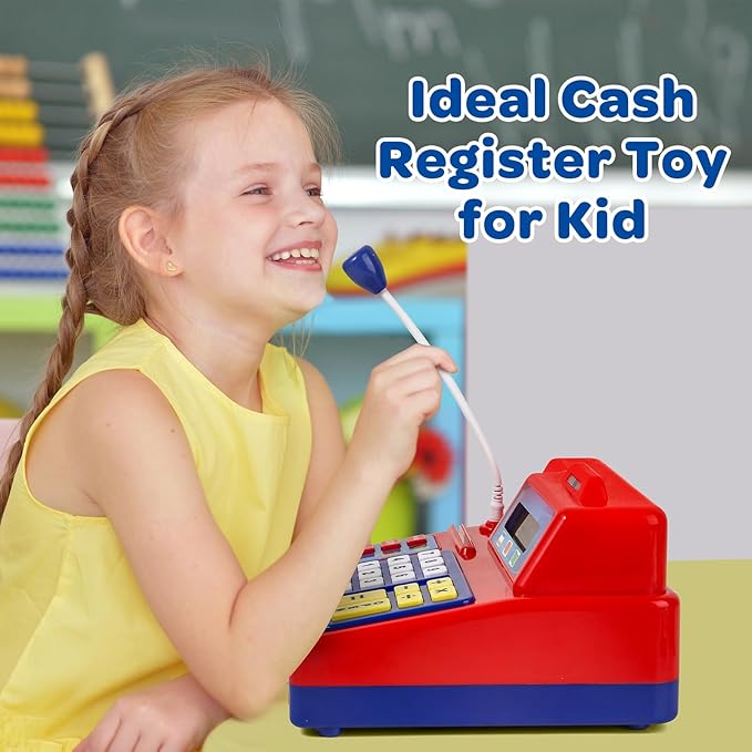 Calculator Cash Register - 103 Pcs Toy Cash Register, Microphone, Credit Card and Banking for Kids, Early Math Skills Toys Gifts for 3, 4, 5, 6 7 8+ Years Old Boys Girls
