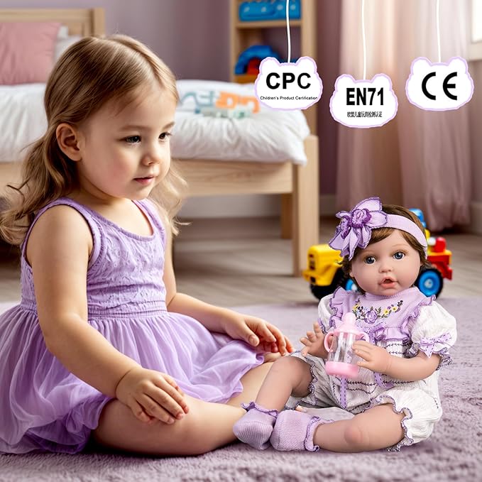 Aori Reborn Baby Dolls - 22 Inch Realistic Lifelike Baby Girl - Handmade Vinyl Reborn Doll with Feeding Set & Purple Outfit | Newborn Baby Doll for Kids 3+, Collectors, Role Play