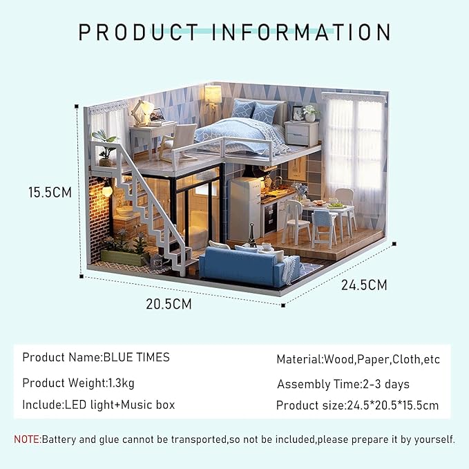 CUTEROOM DIY Miniature Dollhouse Kit with Furniture,Wooden Doll House Plus Music Movement & LED Lights, DIY House Kit for Christmas Birthday- Blue Times