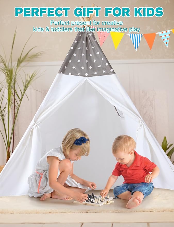 Sumbababy Teepee Tent for Kids Slumber Party - Cotton Canvas Foldable Kids Tent Indoor with Light & Flag Play House Outdoor - Toddler Tipi Playroom for Girls Gift Toys - Tee Pee Tents(Stars Design)