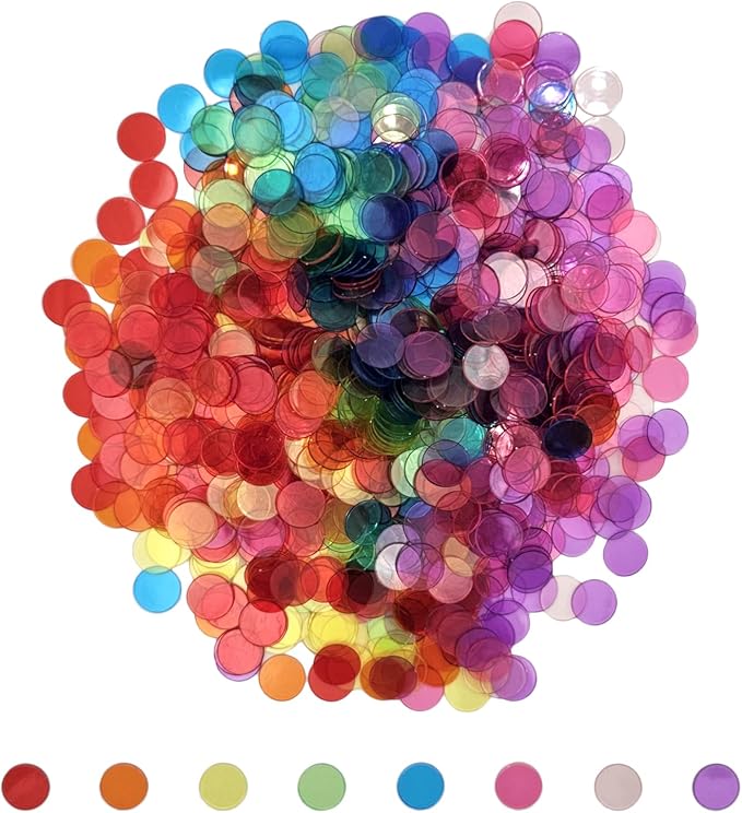 1000 Pcs of 3/4 inch Transparent 8 Color Bingo Counting Chips Plastic Markers for Bingo Games, Math Counters,Classroom,Fun Family Game Night, Large Group Games
