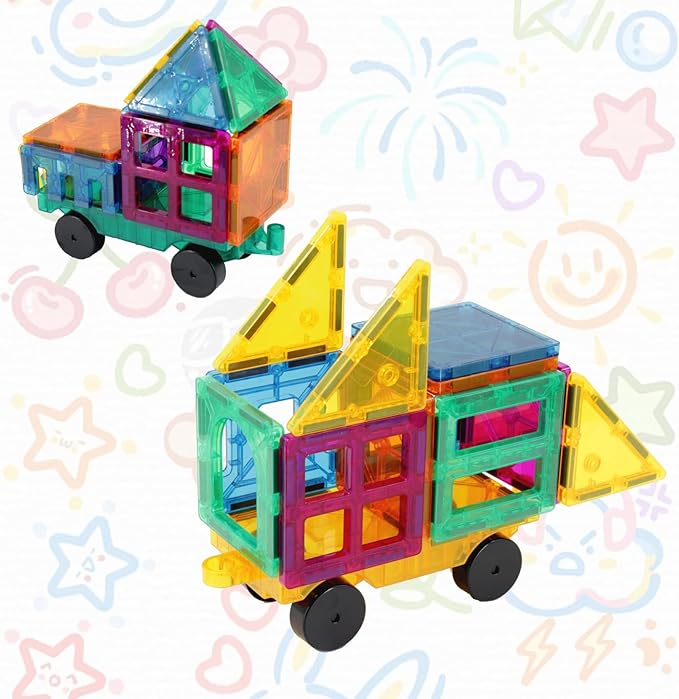 Magnetic Tiles Car Set Truck Kit Toy with Stronger Magnets, Educational Magnet Cars with Re-Enforced Hitch and Long Bed for Girls Boys Toddler Ages 3+ (Green & Yellow)