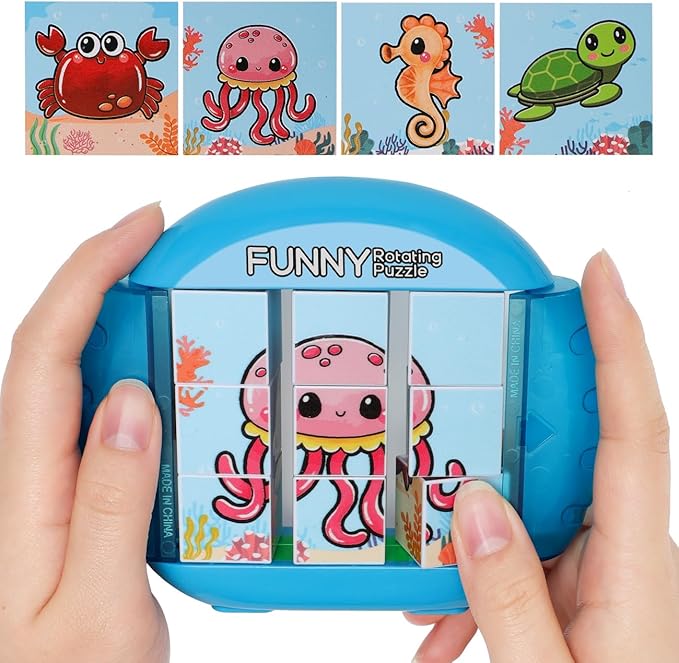 Rotating Puzzle for Kids 3 4 5 6 7 8 Year Old, 4 Puzzles in 1, Toddlers Travel, Car, Airplane, Road Trip Activities, Fine Motor Skills, Fidget, Gift for Boys & Girls Ages 3+(Sea World)