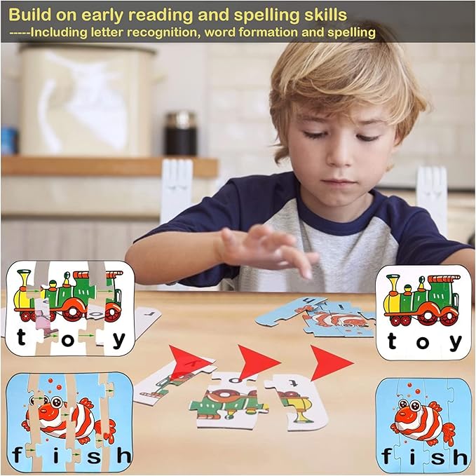 80 Words Self-Correcting Spelling Puzzles, Double-Sided Three and Four Letter Words with Matching Images, Perfect for Preschool Learning