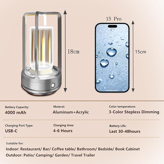 Portable Metal Table Lamp for Outdoor/ Indoor, 4000 mAh Rechargeable Cordless Table Lamp with 3 Color Stepless Dimmable, Outdoor Lanterns for Patio/ Bar/ Camping/ Party/ Outdoor Coffee Table