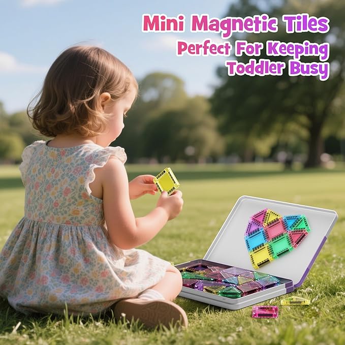 Mini Magnetic Tiles, 40PCS Magnetic Building Blocks with Iron Box, Magnet Toys Travel Size On-The-Go Construction Set STEM Travel Toys for Boys and Girls Ages 3+